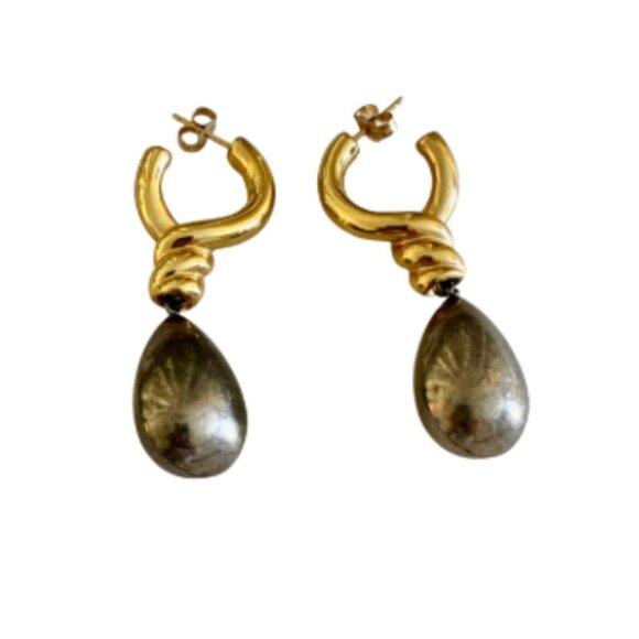 Jil Sander Jewelry - Vintage Jil Sander 14K Twisted Gold and Pearl Drop Hoop Earrings